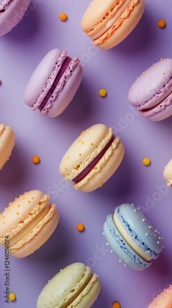 Fototapeta Bright flatlay of colorful macarons on a vibrant background.