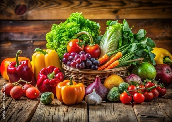 Obraz Fresh-picked fruits and vegetables burst with color in this rustic farm still life.