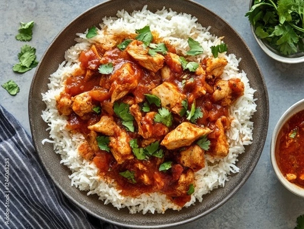Obraz Delicious chicken curry with rice served in a dark bowl, garnished with fresh cilantro