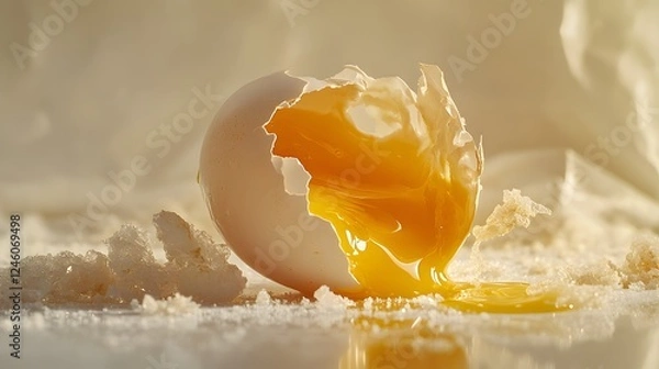 Obraz A broken egg laid flat on a surface, its yolk spilling out in a smooth curve, and fragments of the eggshell scattered around. The clean, soft lighting highlights the texture of the egg white and the
