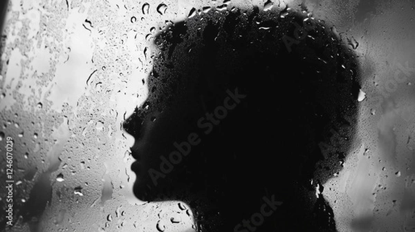 Obraz Silhouette of a person behind a rain-covered window, with dramatic raindrops creating a moody black and white scene