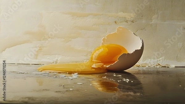 Obraz A broken egg laid flat on a surface, its yolk spilling out in a smooth curve, and fragments of the eggshell scattered around. The clean, soft lighting highlights the texture of the egg white and the