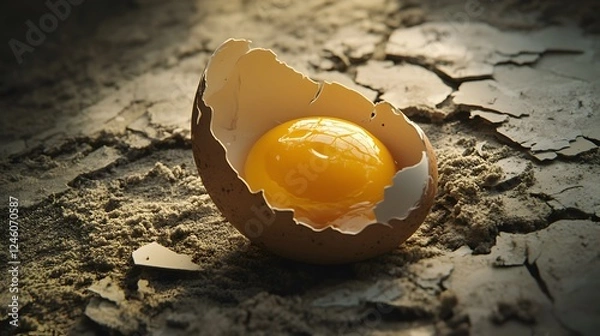 Obraz A dramatic shot of a cracked egg placed on a surface, with pieces of eggshell spread out in different directions. The golden yolk and translucent egg white create a striking contrast against the