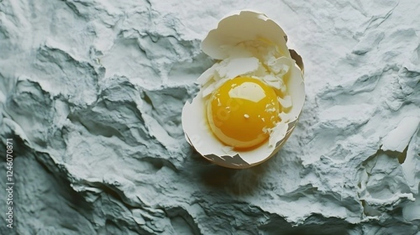 Obraz A dramatic shot of a cracked egg placed on a surface, with pieces of eggshell spread out in different directions. The golden yolk and translucent egg white create a striking contrast against the