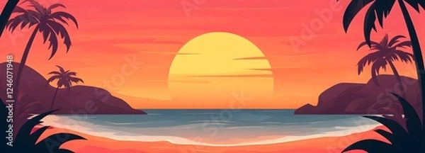 Obraz A breathtaking beach sunset with vibrant orange and pink hues filling the sky, casting a warm glow over the calm ocean. Gentle waves lap against the shore, while silhouettes of palm trees frame the