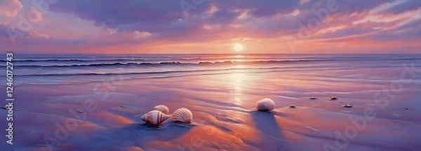 Obraz A tranquil beach at sunset, with the sun dipping just below the horizon, painting the sky in shades of purple, red, and gold. The soft, wet sand reflects the colors, while a few seashells are