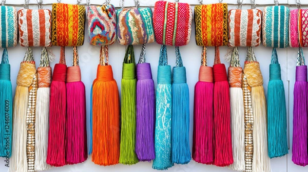 Fototapeta Colorful handmade tassels and woven textile decorations on display