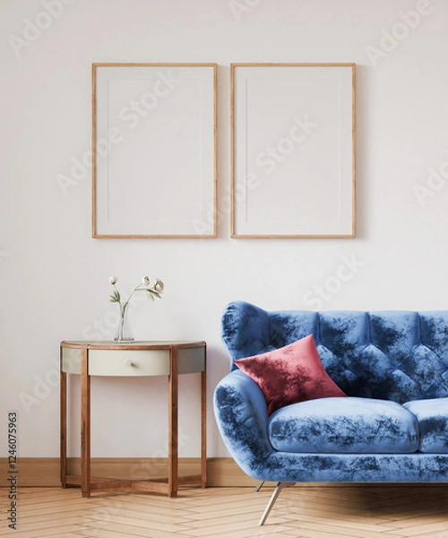 Fototapeta interior living room mockup picture, two frame, poster empty in home design, interior design element mockup, blank frame 3d render