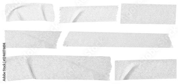 Fototapeta Gray adhesive tape isolated on transparent background. Paper tape sticker with ripped edges. scotch plastic. Torn masking tape set. Template mockup for message, labels, add text, Design elements. PNG 