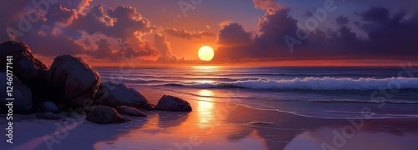 Fototapeta A serene beach sunset scene with the sun setting behind a cluster of rocks, casting a fiery reflection on the calm water. The sky transitions from warm oranges to deep purples, while the gentle waves