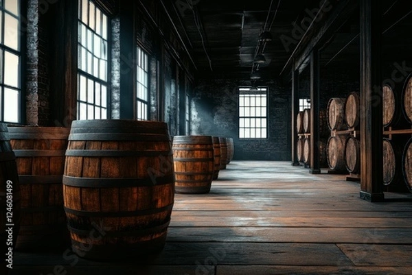 Obraz Aged barrels in industrial warehouse, sunlight through windows, storage, distillery