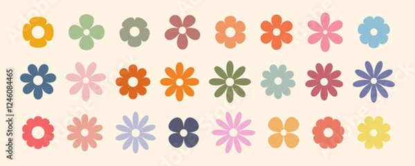 Fototapeta Groovy simple flowers set. Collection of abstract flowers in minimalistic style. Geometric flower set. Abstract minimal daisy elements. Brutalist design. 