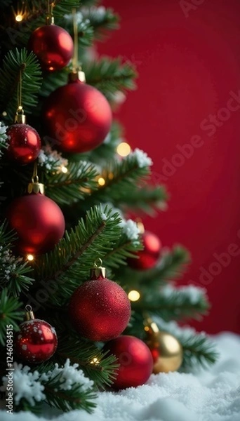 Obraz Glittering fir branches wrapped in crimson and gold ornaments and soft glow of festive holiday lights on a snowy red background, branches, crimson, snowy