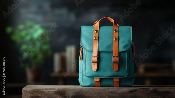Fototapeta An elegant teal backpack with tan straps displayed on a rustic surface, showcasing a blend of style and functionality, suited for modern urban lifestyles and travel.
