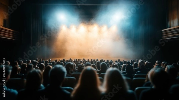 Obraz A captivating view of an audience sitting in a theatre, illuminated by dramatic stage lights and surrounded by a misty atmosphere creating an engaging ambiance.