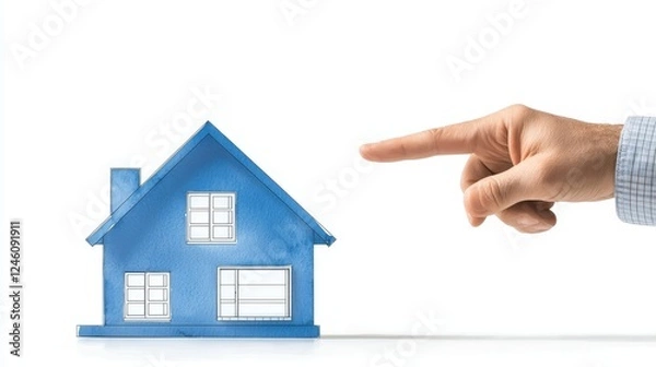 Fototapeta Hand pointing at house, exploring real estate options, property search, and homeownership