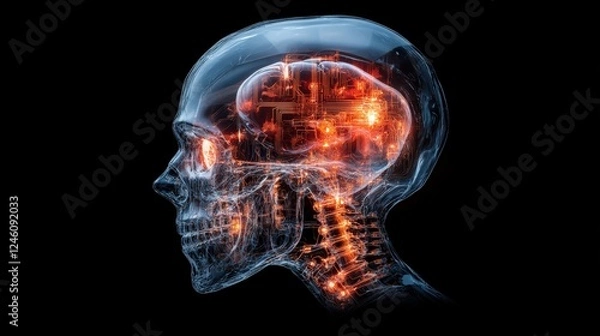 Fototapeta A human-like AI with a transparent skull revealing intricate glowing circuits inside, symbolizing the fusion of human intelligence and AI