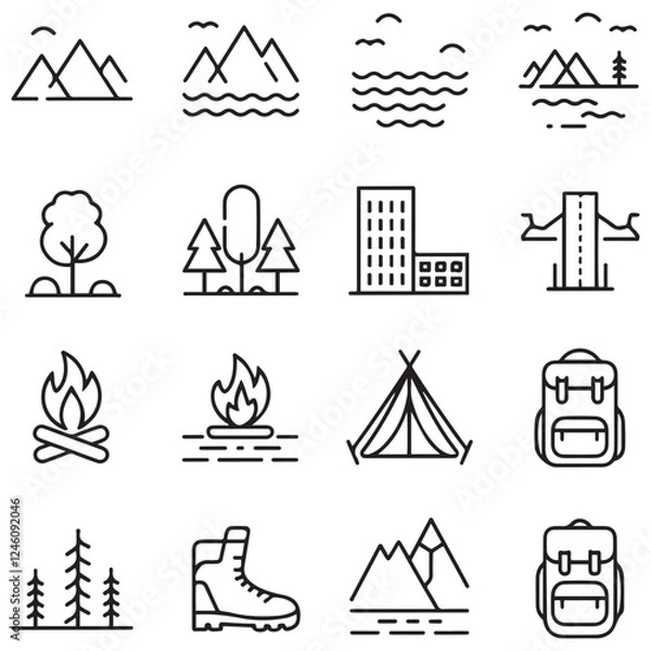 Fototapeta Set of outline icons related to landscape. Linear icon collection. Editable stroke. Vector illustration