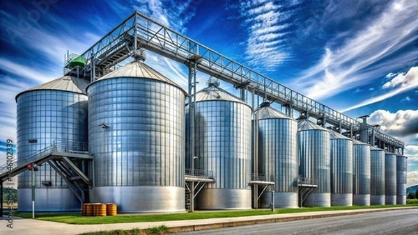 Fototapeta Modern Silver Grain Silos at Agricultural Processing Plant - High-Resolution Stock Photo