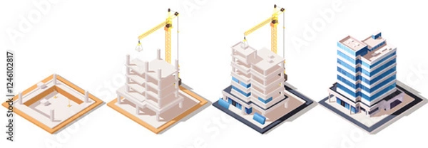 Obraz A set depicting construction steps with a building evolving from foundation to completion, shown in isometric style. Construction concept. Vector illustration.