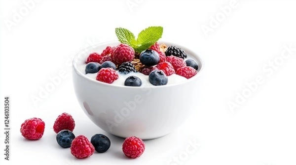Obraz White Bowl of Yogurt with Raspberries Blueberries and Blackberries