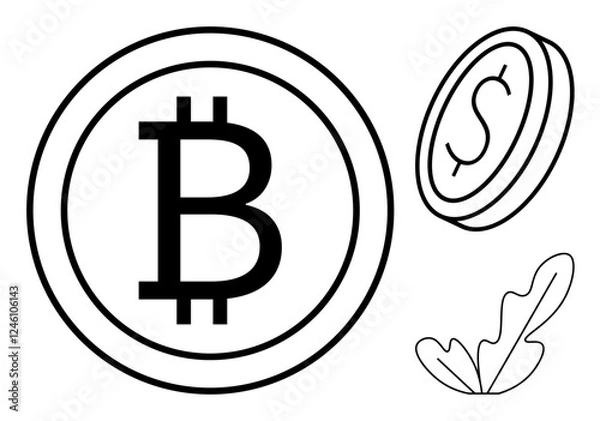 Fototapeta Bitcoin coin, dollar coin, and abstract plant leaf, representing cryptocurrency, finance, savings, investment, economic growth digital currency and wealth accumulation. Ideal for financial