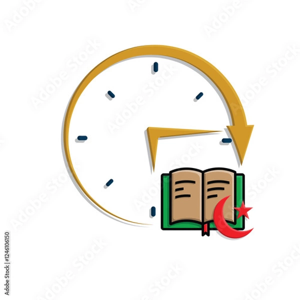 Fototapeta Ramadan icon. vector clock with Islamic religious scriptures on a white background. reading the Koran, time to recite the Koran, study. simple 3d design style