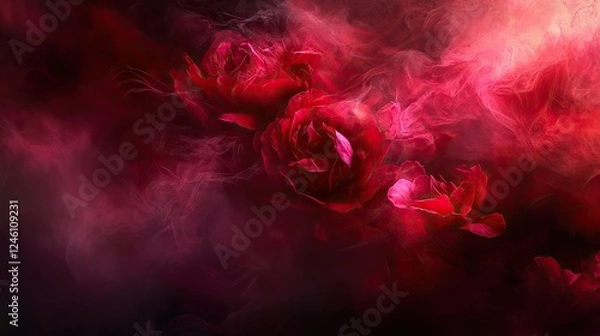 Fototapeta A romantic rose background with soft, blurred red and pink roses gently blending into each other.