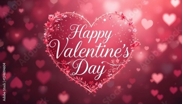 Fototapeta Happy Valentine's Day Encircled by Art Shaped Frame made out of Flowers and Vines on a Romantic Red Background