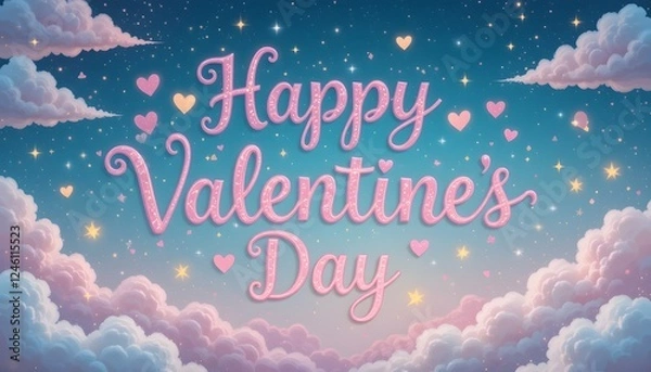 Fototapeta Starry Night Romance: "Happy Valentine's Day" Written in Cursive Against a Dreamy Night Sky with Twinkling Stars and Pink Hearts.