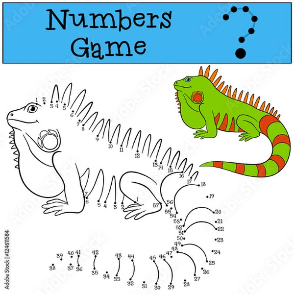 Fototapeta Educational game: Numbers game. Cute green iguana.