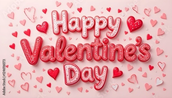 Fototapeta "Happy Valentine's Day" in 3D Glossy Red Letters with Scattered Hearts on a Soft Pink Background