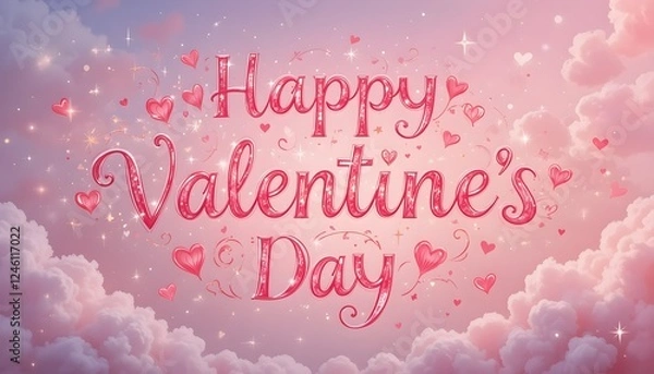 Fototapeta Dreamy Valentine's Day in the Clouds Happy Valentine's Day" in Glowing Script Amidst Fluffy Pink Clouds with Hearts and Twinkling Stars