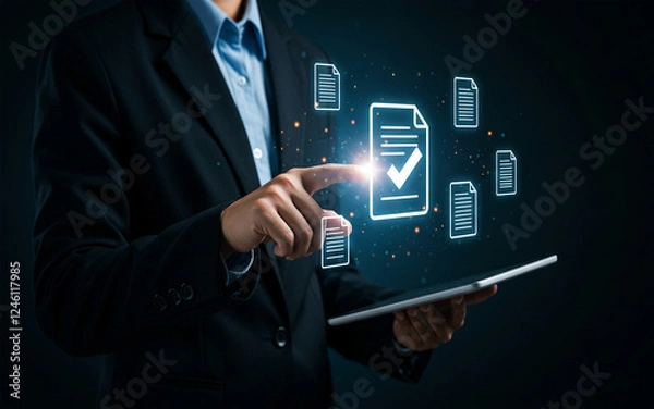 Fototapeta Digital Document Management – Businessman Using Virtual File System

