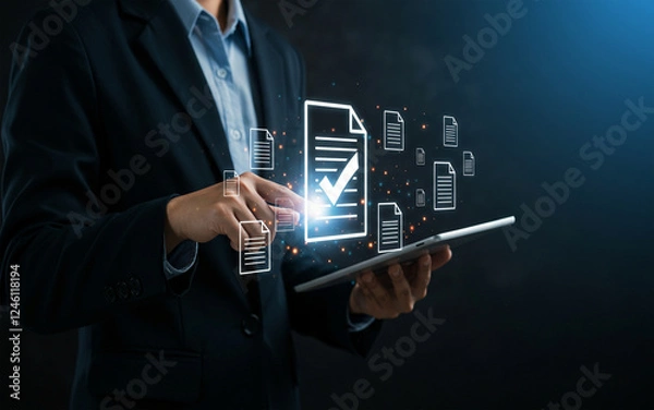Fototapeta Digital Document Management – Businessman Using Virtual File System

