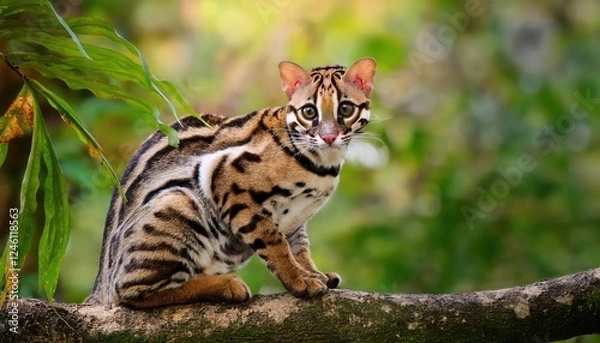 Fototapeta Striking Closeup of a Margay in a Lush Costa Rican Tropical Forest, Capturing the Agility and Grace of this Elusive Wild Cat amidst Vibrant Flora and Rich Biodiversity