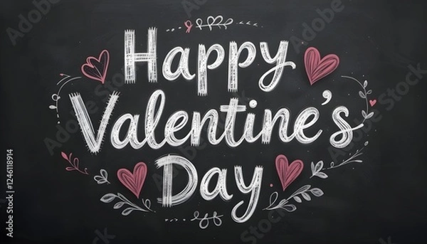 Fototapeta Happy Valentine's Day Handwritten with Hearts and Flowers for a Nostalgic Valentine's Greeting on a Chalkboard