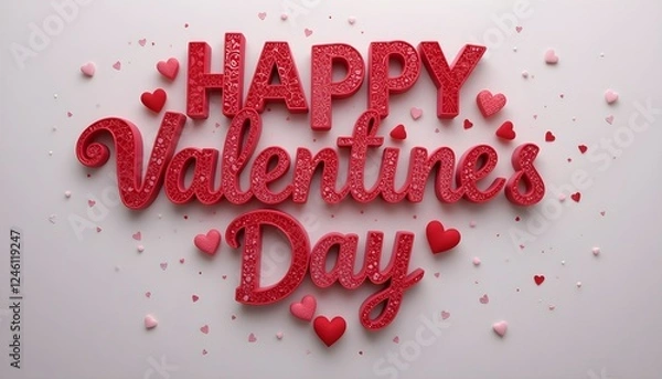 Fototapeta Happy Valentine's Day" in Glossy 3D Letters with Red & Pink Hearts on a White Background
