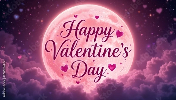 Fototapeta Happy Valentine's Day" Inscribed on a Pink Full Moon Against a Starry Night Sky with Fluffy Clouds and Pink Hearts