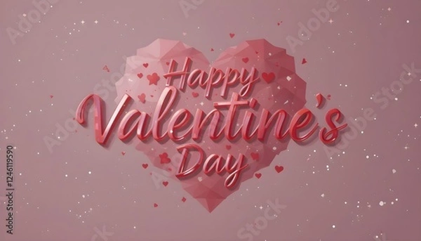 Fototapeta Geometric Heartfelt: "Happy Valentine's Day" in Cursive Within a Polygon Heart on a Sparkling Pink Background