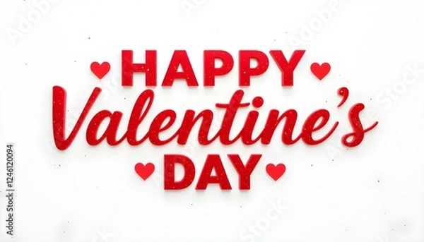 Fototapeta Valentine's Day card features 3D "Happy Valentine's Day" in glossy, glittery red letters and scattered hearts on a white background