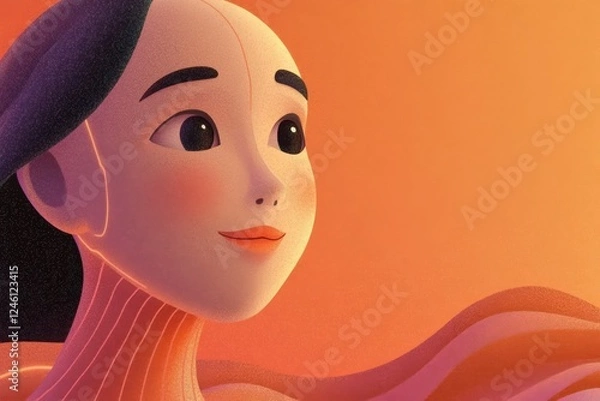 Fototapeta Animated woman with a serene expression against a warm orange background