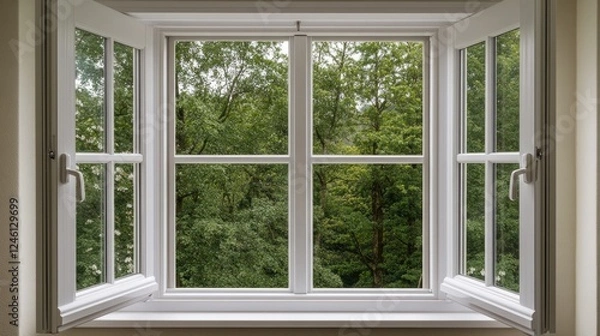 Fototapeta Fresh spring air flows through an open window, showcasing a radiant garden filled with blooming flowers and lush greenery