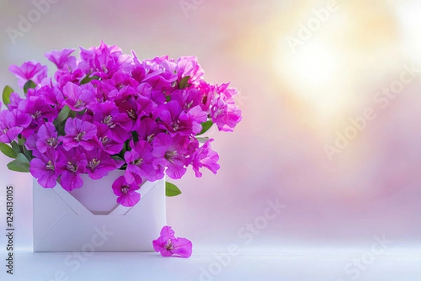 Obraz Vibrant purple flowers in a white envelope on a soft blurred background.