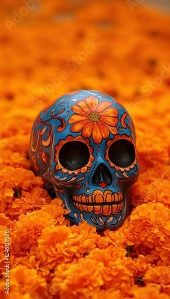 Fototapeta A vibrant, hand-painted sugar skull rests amidst a bed of bright orange marigolds, a colorful symbol of Day of the Dead.