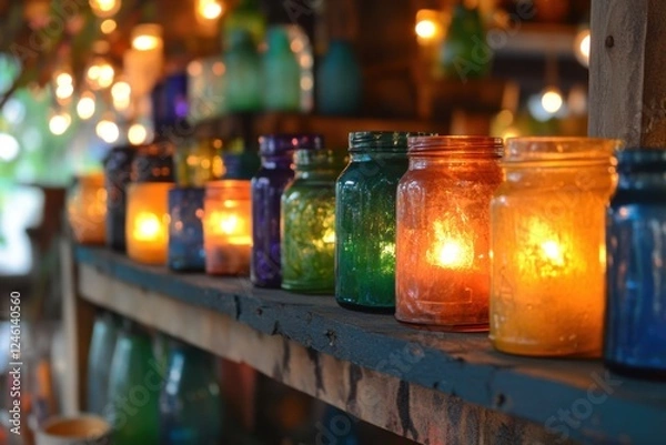 Fototapeta Colorful Glass Jars Lit with Candles on a Shelving Display