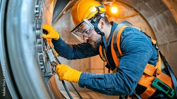 Fototapeta Professional engineer working inside a wind turbine nacelle wearing full personal protective equipment PPE including a harness and safety belt