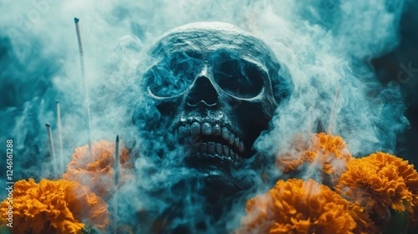 Fototapeta A skull shrouded in mystical blue smoke, surrounded by vibrant orange marigolds.  A scene of remembrance and reflection.