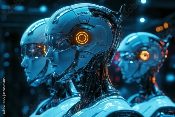 Fototapeta Group of futuristic cyborgs emerging from darkness