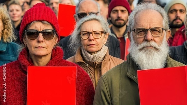 Fototapeta A group of diverse individuals holding red signs during a peaceful protest, showcasing strong emotions and social engagement